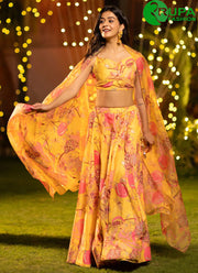 Attractive Yellow Multi Color Chinon Reception Wear Lehenga Choli